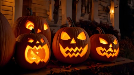 group of carved pumpkins at dusk with their internal candles lit. orange and warm yellow lighting to highlight the carvings.