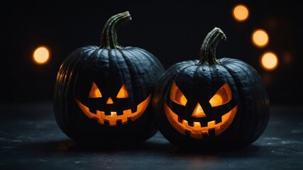 Two dark Halloween pumpkins with glowing faces on a black background, creating a spooky and eerie atmosphere for Halloween decorations.