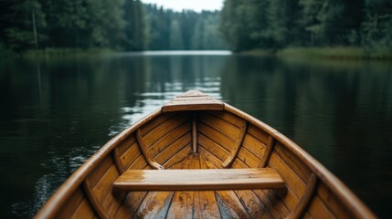 A small wooden rowboat floats serenely on a calm forest lake under a slightly overcast sky,...