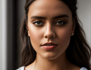 Obraz premium Close-Up Portrait of a Young Woman With Natural Makeup in Soft Light
