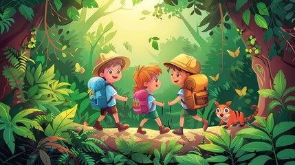 Obraz premium Three kids wearing backpacks and hats are hiking through the lush green jungle.