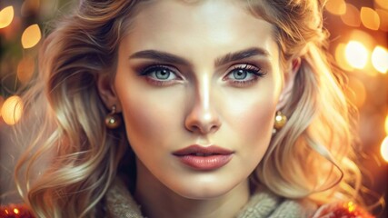 Fototapeta premium A portrait of a beautiful woman with blonde hair and blue eyes, glowing skin and a warm, inviting smile. She is wearing a sweater and earrings, and she is surrounded by warm lights.