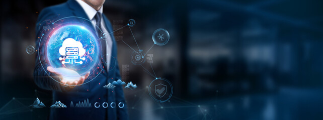 Businessman holds global network structure with cloud computing, data storage, scalability, remote access, and security.
