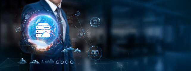 Businessman holds global network structure for hosting services, ensuring uptime, scalability, and data security.