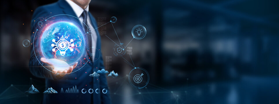 Finance Technology: Businessman holds global network structure financial data, secure transactions, digital banking, investment solutions.