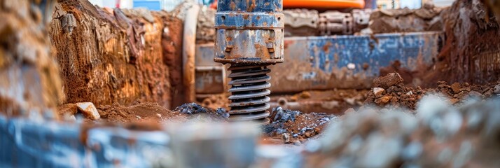 Close-up of a pit entrance with a shaft for horizontal directional drilling technology, featuring a drilling machine setting up utilities in urban and industrial environments.