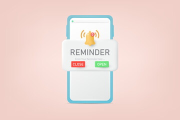 3d reminder popup on the mobile phone screen. Email marketing, online advertising concept. Notifications. Calendar reminder. 3d vector illustration.