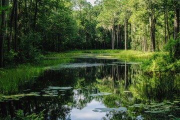 Obraz premium expanse of meadow and wetland, with some trees in the background. In the center is an open pond covered with water lilies