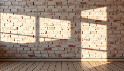 Obraz premium A brick wall with a wooden floor in the foreground, with shadows cast on the wall from an unseen light source