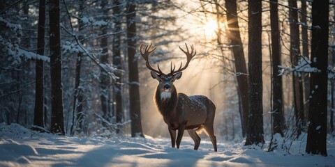 A majestic deer stands in a snowy forest, with a glowing sunburst above its antlers.