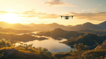 Fototapeta premium Drone Capturing Stunning Aerial View of Golden Hour Over Serene Mountain Landscape