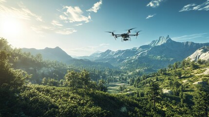 Fototapeta premium Drone Capturing Stunning Aerial View of Golden Hour Over Serene Mountain Landscape
