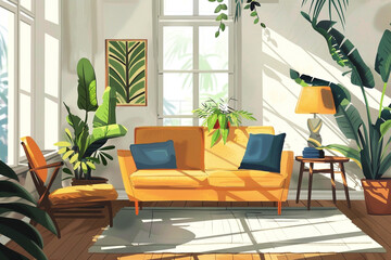 Fototapeta premium Sunlit Living Room with Yellow Sofa