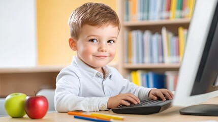 A cheerful young boy uses a computer at his desk while surrounded by colorful classroom decor, colored pencils, and an apple, immersed in a creative activity