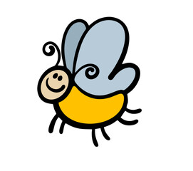 Cute cartoon funny butterfly is flying in the sky. Vector illustration of an insect with a crazy smile in nature.