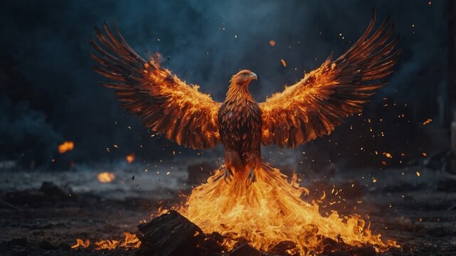 A phoenix rising from its ashes in a blaze of glory.