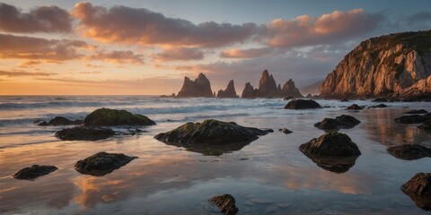 Obraz premium Serene sunrise at Asturias rugged coastline with reflective rocks.