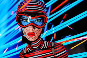 A woman in a red and white striped outfit with a helmet on her head