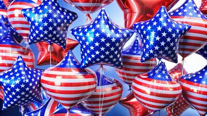 Obraz premium A cluster of red, white, and blue balloons with a star-spangled design symbolizing American pride, independence, patriotism, unity, and celebration.