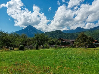 Obraz premium Wiese, Hühnerstall und Berge der Alpen in Farchant