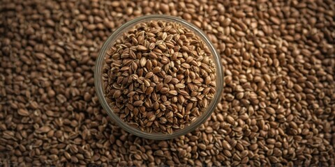 Obraz premium Top view of Close-up of a pile of brown hemp seeds.