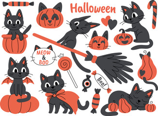 Halloween cute cartoon cats, pumpkins and candies set. Cute cats in different poses and situations. Festive animal characters for Halloween. Cats and pumpkins on white background.