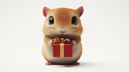 Adorable Hamster Holding a Gift Box with Ribbon against White Background