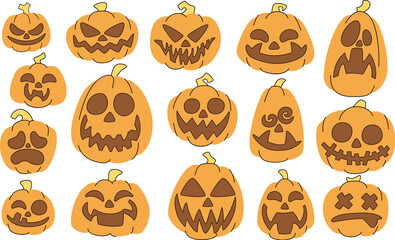 Cute cartoon Halloween pumpkins with faces. Halloween pumpkins collection. White background.