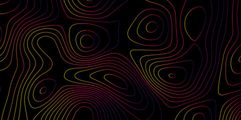 Abstract light pattern Vector illustration. Topographic map background concept. Vibrant neon lights pulsating patterns. Colorful topography contour lines isolated on black background.	