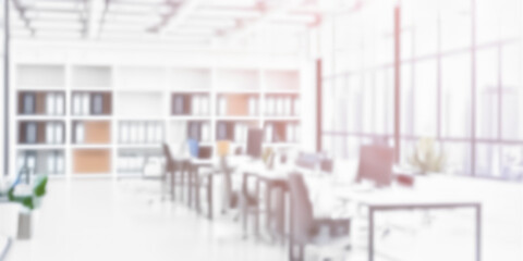 Blurred office open space with office furniture, tables and chairs, high windows. Abstract office interior. No people. Picture for business presentations	
