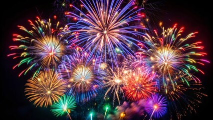 Fototapeta premium A breathtaking display of vibrant fireworks exploding in the night sky, symbolizing celebration, joy, festivity, and the beauty of fleeting moments.