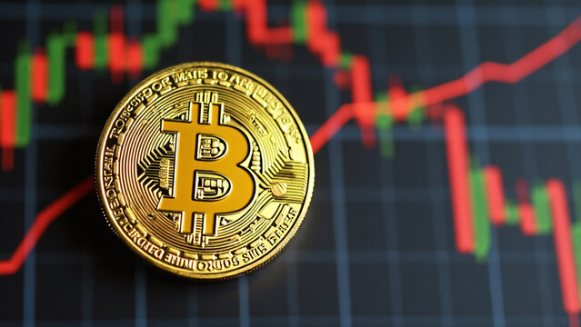 Closeup golden coin with bitcoin logo, graphs and symbols. Concept of cryptocurrency trading on stock market and blockchain technology. Decentralized digital currency. Crypto payment. Electronic money