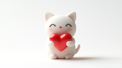 Adorable White Cat Holding a Red Heart on a Bright Background