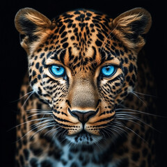 Naklejka premium A leopard with striking blue eyes stares directly at the camera, high resolution, Sony A7R IV, 4K ultra realistic, high detail,stock photo,