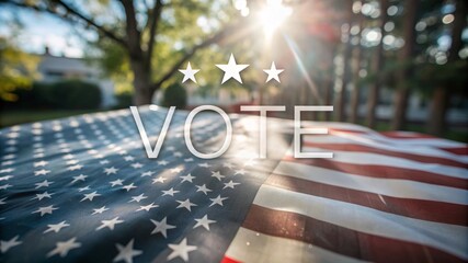 A close-up of the American flag with the word "VOTE" superimposed on it. The sun shines through the fabric, creating a star-shaped flare. This image represents democracy, patriotism, and civic engagem