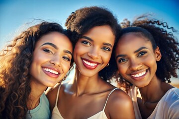 Fototapeta premium Friends enjoy a joyful moment outdoors, sharing smiles and laughter in bright sunlight on a beautiful day. Generative AI