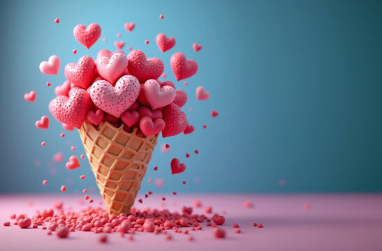 Bouquet de c&oelig;urs rose dans un cornet de glace	