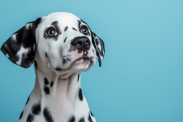 Close-up of a Dalmatian puppy with black spots, looking up with a curious expression against a light blue background.

