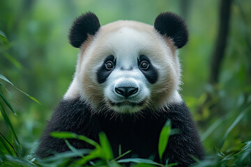 Obraz premium A solitary giant panda munching on bamboo