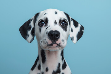 Close-up of a Dalmatian puppy with a curious expression, black spots, and floppy ears, against a light blue background.

