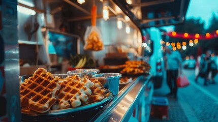 Food truck in the evening at a fair or festival. Fresh Belgian waffles stand on the counter