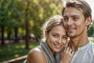Naklejka premium Close Up of faces happy couple against blurred green park background with copy space