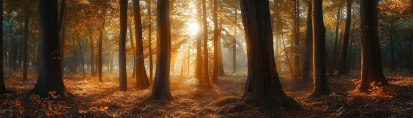 Golden Sunlight Filtering Through Dense Forest Trees