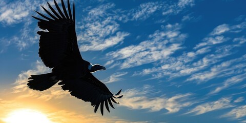 Silhouette of a Black Vulture in Flight Against a Blue Sky
