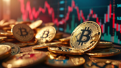 Closeup golden coin with bitcoin logo, graphs and symbols. Concept of cryptocurrency trading on stock market and blockchain technology. Decentralized digital currency. Crypto payment. Electronic money