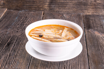 Chinese Tofu Vegetable Soup on wood table. Chinese food.