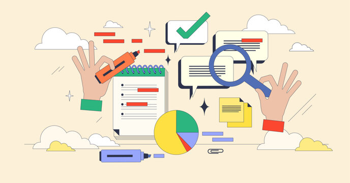 Thematic analysis for qualitative research tiny person neubrutalism concept. Method and technique for data and text interpretation vector illustration. Identifying and analysing patterns in text.