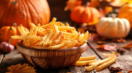 Appetizing, golden French fries in a wooden bowl on a wooden table against a background of pumpkins and autumn leaves.