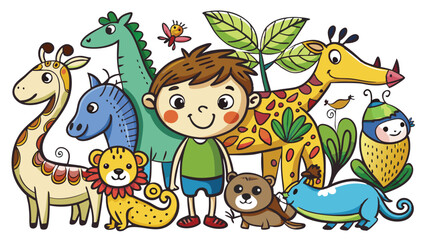 Naklejka premium Kids style drawing doodle animals isolated EPS Vector Images