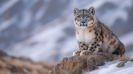 Fototapeta premium A solitary snow leopard perched on a rocky outcrop